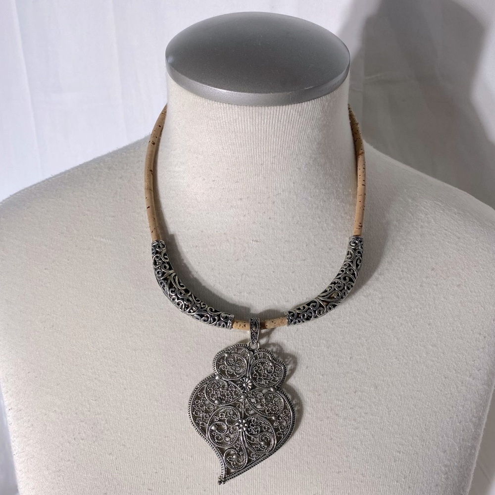 Vintage Silver Tone Metal Filigree Pendant On Cork Rope Boho Statement Necklace